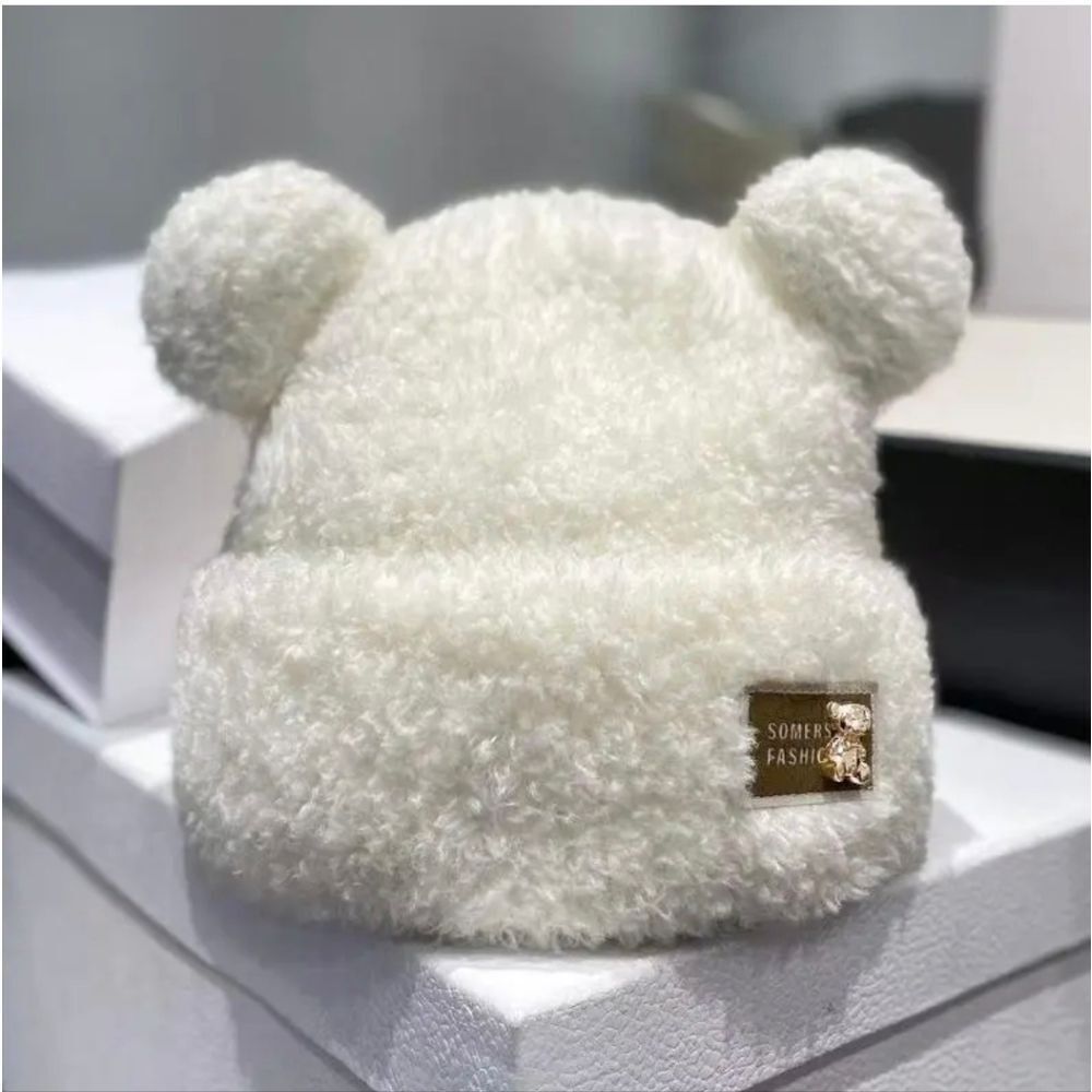 Cute Plush Bear Ear Beanie Hat Women Winter Knit Warm Bonnet Caps Skull Cap